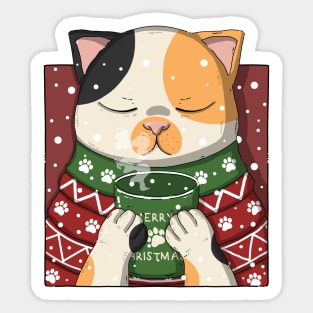 Cute Calico Cat Drinking Coffee On Christmas Sticker